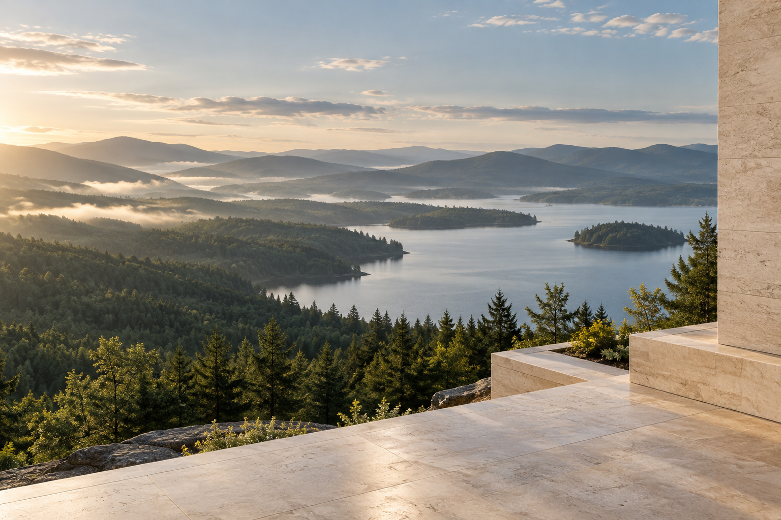 Lac et montagnes boisées dans la brume, vus depuis une terrasse en pierre claire